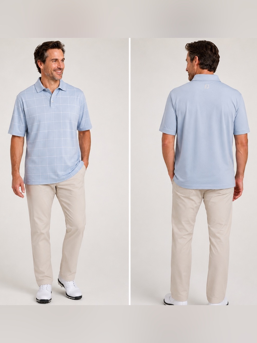 FootJoy Athletic Fit Light Blue Windowpane Polo Shirt Angeles Golf M Medium